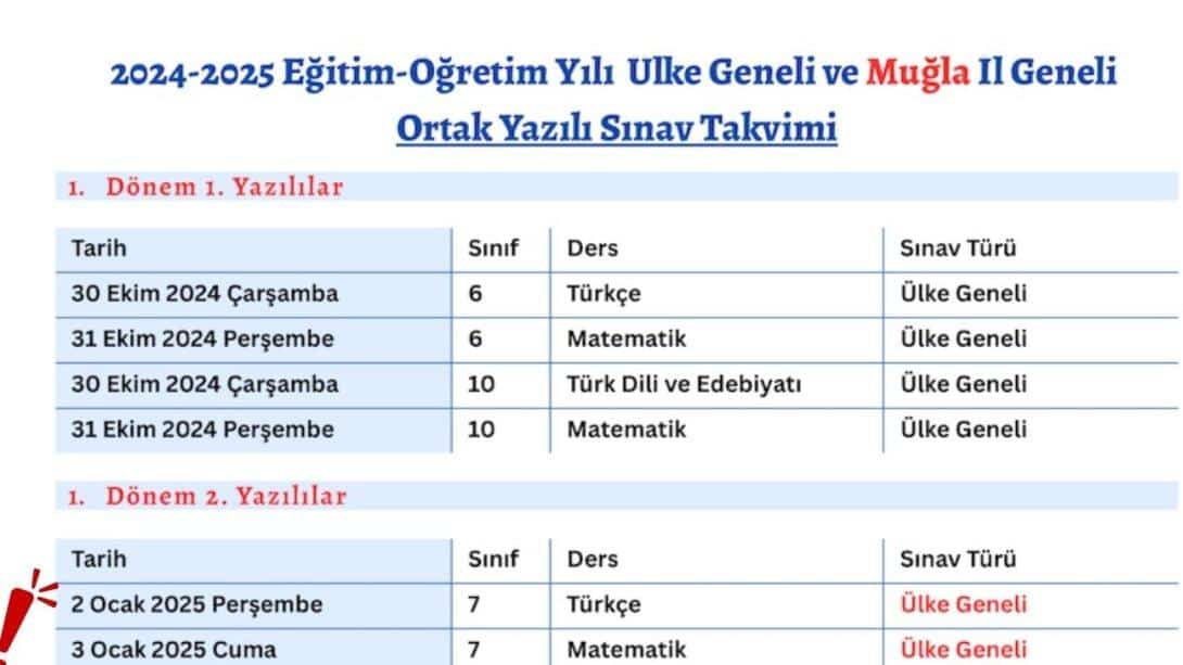 2024-2025 ORTAK SINAV TAKVİMİ